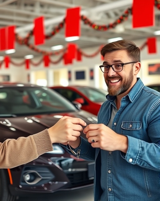 brand new auto loan, excited expression, customer receiving keys to a new car, photorealistic, dealership showroom with cars in the background, highly detailed, festive banners, crisp resolution, red and black color scheme, bright showroom lighting, shot with a 35mm lens.