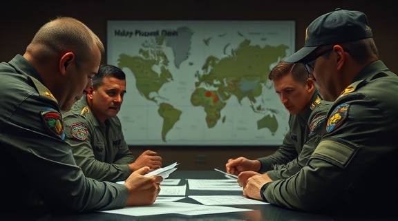 strategic military discount plan, insightful expression, explaining, photorealistic, a strategic meeting room with maps and documents, highly detailed, officers discussing strategies, somber green and brown hues, focused task lighting, shot with a 50mm lens.