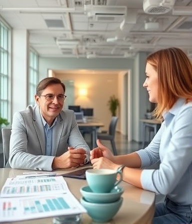 attractive financing benefits, satisfied expression, illustrating, photorealistic, a modern office with charts and brochures on tables, highly detailed, professionals talking over coffee, neutral grays with pops of color, bright task lighting, shot with a 24mm lens.