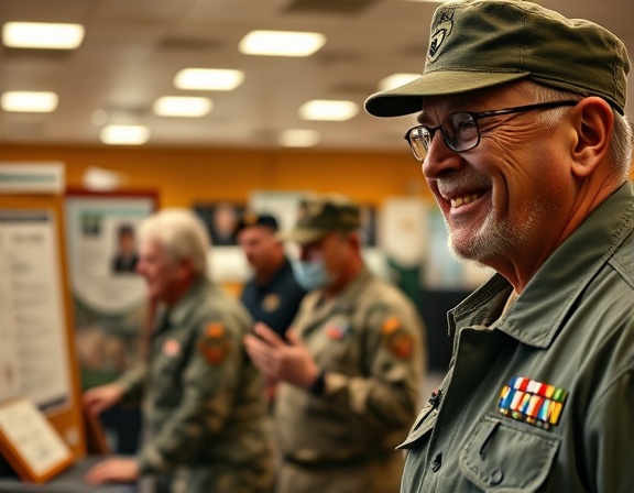 compelling military savings, contented expression, highlighting, photorealistic, a community center filled with veterans, highly detailed, informational booths and smiling representatives, warm earthy colors, ambient soft lighting, shot with an 85mm lens.