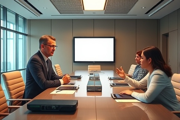 comprehensive refinancing solutions, confident expert, discussing strategies, photorealistic, executive conference room with large table, highly detailed, tablets and projectors on table, vivid colors, neutral tones, directional lighting, shot with a 24-70mm zoom lens.