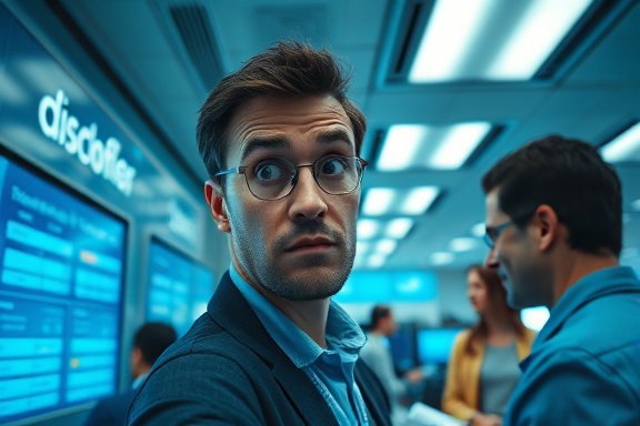 eye-catching discount financing, curious expression, emphasizing, photorealistic, a busy bank with digital screens showing offers, highly detailed, customers discussing with advisors, cool blue tones, overhead fluorescent lights, shot with a 35mm lens.