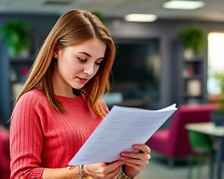 vibrant auto financing, curious, inspecting documents, photorealistic, colored office with diverse decor, highly detailed, digital tablet showing rates, vivid resolution, bright magenta, ambient office lights, shot with a 24-70mm lens.