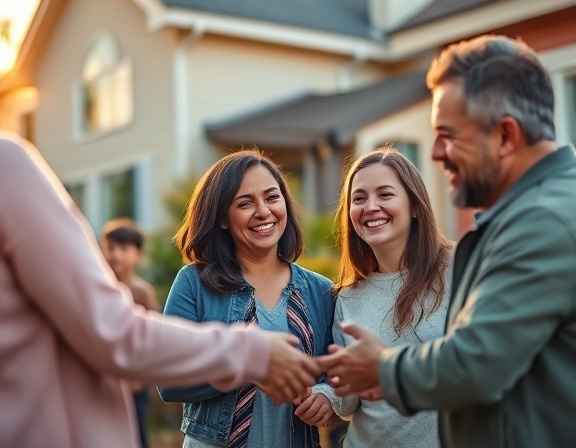 secure auto mortgage, relieved, closing deal, photorealistic, friendly neighborhood with smiling residents, highly detailed, children playing in the background, sharp detail, pastel colors, golden hour sunlight, shot with a 55mm lens.