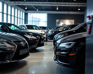 luxurious automobile loan, assured, confirming application, photorealistic, high-end car showroom with luxury automobiles, highly detailed, light reflecting off polished surfaces, supreme clarity, jet black, ambient spotlights, shot with a 60mm lens.