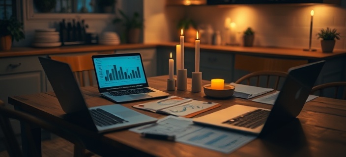 precise finance home, analytical, comparing offers, photorealistic, kitchen table with laptops and papers, highly detailed, flickering candlelight, detailed texture, earth tones, candlelit setting, shot with a 50mm lens.