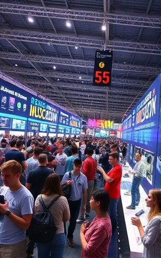 engaging discount offers, excited expression, promoting, photorealistic, a tech expo with large displays and demonstrations, highly detailed, a bustling crowd exploring new gadgets, vibrant neon lights, dynamic spotlighting, shot with a wide-angle lens.