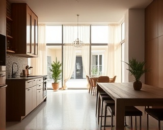 comprehensive finance home, considerate, evaluating scripts, photorealistic, modern kitchen with large windows, highly detailed, breeze moving curtains, extreme detail, deep brown, sun-drenched light, shot with a 35mm lens.