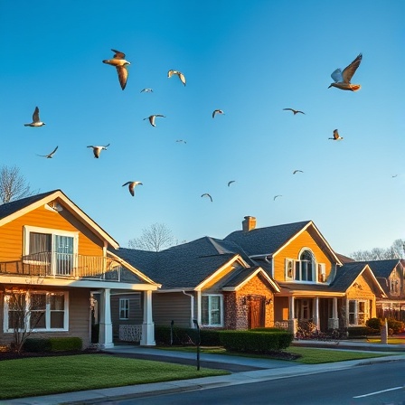 efficient auto mortgage, thoughtful, analyzing options, photorealistic, suburban setting with serene homes, highly detailed, birds flying, crisp detail, sky blue, gentle morning light, shot with a 24mm lens.
