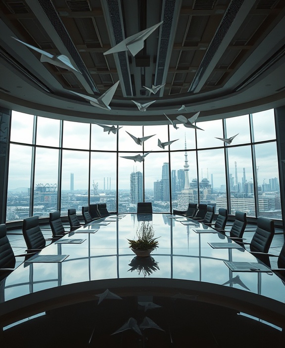 prestigious company legacy, visionary, weaving narratives in an elegant boardroom, photorealistic, with panorama windows overlooking an industrial skyline, highly detailed, twirling paper planes, shot with a portrait lens, cool metallic hues, harsh artificial lighting
