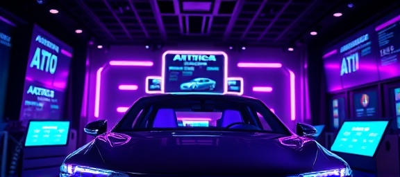 innovative automobile loan, optimistic, exploring possibilities, photorealistic, futuristic setup with digital screens, highly detailed, screens blinking, 4K resolution, neon purple, immersive lighting, shot with a 21mm lens.