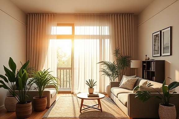 modern finance home, hopeful, browsing plans, photorealistic, cozy living room with potted plants, highly detailed, drifting sun rays, UHD quality, warm beige, soft ambient glow, shot with a 35mm lens.