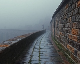timeless heritage journey, reflective, etching stories in ancient stone paths, photorealistic, weaving through dense fog over historical ruins, highly detailed, wandering spirits, shot with a telephoto lens, deep earthy tones, low-key lighting