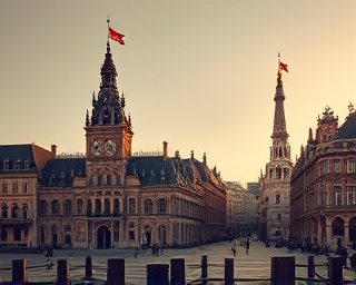 majestic heritage landmarks, captivating, standing resilient against time, photorealistic, surrounded by bustling modern cityscape blending old and new, highly detailed, fluttering flags, shot with a 35mm lens, vibrant monochrome, golden hour lighting