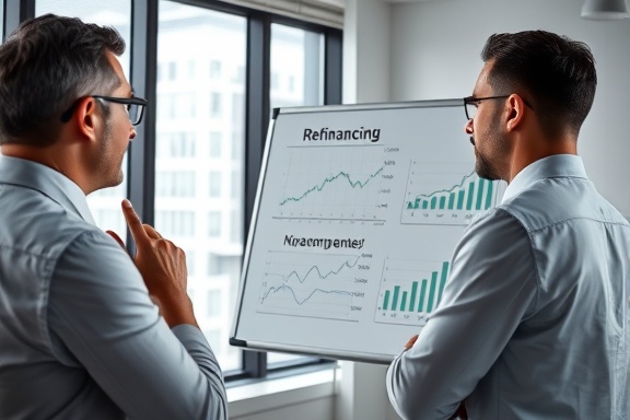 insightful refinancing advice, thoughtful advisor, presenting opportunities, photorealistic, modern corporate office with window view, highly detailed, interactive whiteboard and financial graphs, sharp focus, white and gray, overhead lighting, shot with a 35mm wide-angle lens.