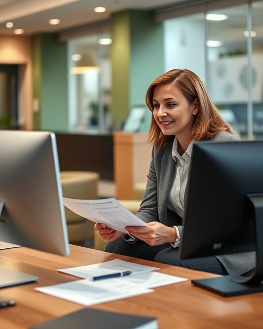 helpful refinancing assistance, attentive consultant, explaining terms, photorealistic, cozy lounge area in a bank, highly detailed, computer and paperwork on table, 4k resolution, green and beige, natural daylight, shot with a 85mm lens.