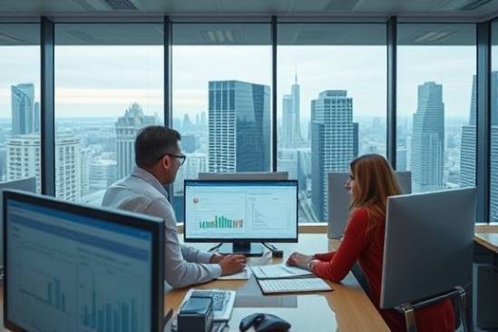 modern office, focused team, analyzing vehicle loan plans, photorealistic, cityscape view through glass walls, highly detailed, computer screens displaying data, neutral tones, soft ambient lighting, shot with an 85mm lens