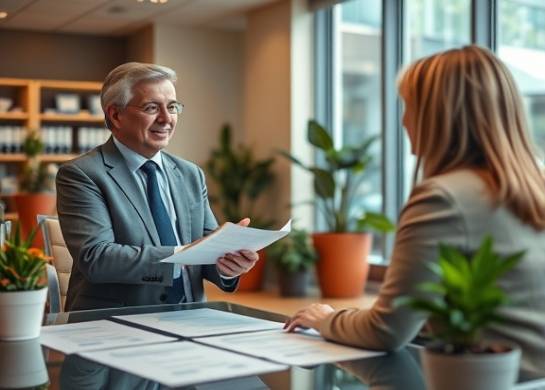 cozy bank environment, reassuring agent, explaining car finance options, photorealistic, indoor area with potted plants, highly detailed, papers spread on a table, calm colors, diffused daylight, shot with a 35mm lens