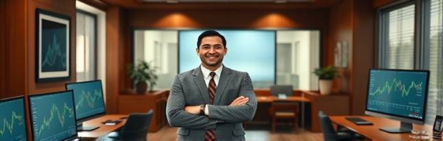 elegant office, enthusiastic representative, offering auto finance solutions, photorealistic, polished wooden furniture and decor, highly detailed, digital graphs on monitors, warm browns, overhead soft lighting, shot with a 24mm lens