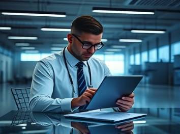 high-tech workspace, diligent consultant, reviewing car loan applications, photorealistic, spacious office with open layout, highly detailed, digital paperwork on tablets, gray and blue, cool artificial lighting, shot with a 70mm lens