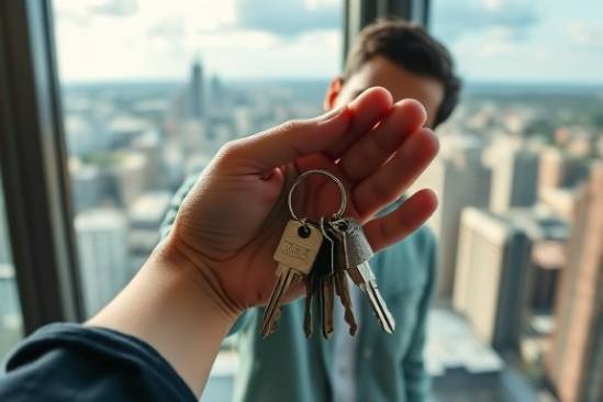 confident buyer keys, joyful, holding a new set of keys with a keychain, photorealistic, cityscape visible through a nearby window, highly detailed, shadows and highlights on the metal keys, wide aperture, vibrant colors, natural lighting from overhead, shot with an 85mm lens