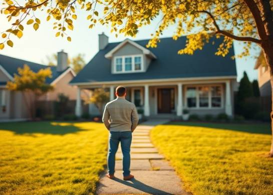 hopeful buyer house, admiring, standing in front of a just-bought suburban home, photorealistic, manicured lawn and a pathway leading to the front door, highly detailed, light breeze gently moving leaves, shallow depth of field, sunny day, golden hour lighting, shot with a 24mm lens