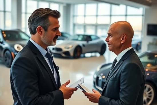 luxury car dealership, thoughtful expression, discussing lease financing options, photorealistic, in a spacious showroom with luxury cars on display, highly detailed, dynamic dialogue with a sales consultant, smooth tones, natural daylight, shot with a Sony A7 III.
