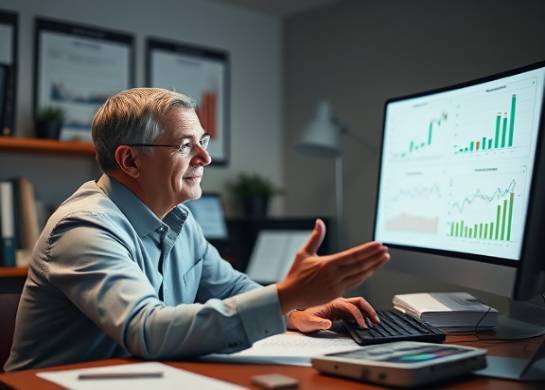 financial advisor's desk, focused expression, explaining buyout finance strategies, photorealistic, in a well-organized workspace with graphs and charts on screen, highly detailed, moving hands highlighting key points, subtle colors, soft lighting, shot with a Nikon D850.