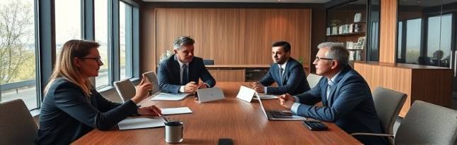 business meeting, engaged expression, negotiating a lease deal, photorealistic, in a modern conference room with a large wooden table and windows, highly detailed, animated discussion with pointed gestures, earthy tones, overhead lighting, shot with a Fujifilm X-T4.