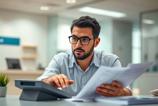bank office, curious expression, evaluating finance options, photorealistic, in a clean and contemporary bank setting with financial brochures, highly detailed, tapping a calculator and scanning documents, pastel shades, balanced lighting, shot with a Panasonic Lumix S1.