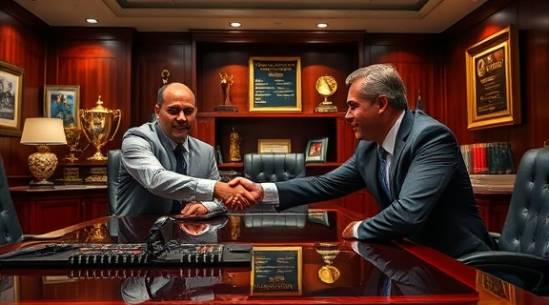 executive office, determined expression, closing a successful lease financing transaction, photorealistic, in a high-end office with trophies and accolades displayed, highly detailed, shaking hands with a client across a polished desk, rich hues, spotlight lighting, shot with a Leica M10.